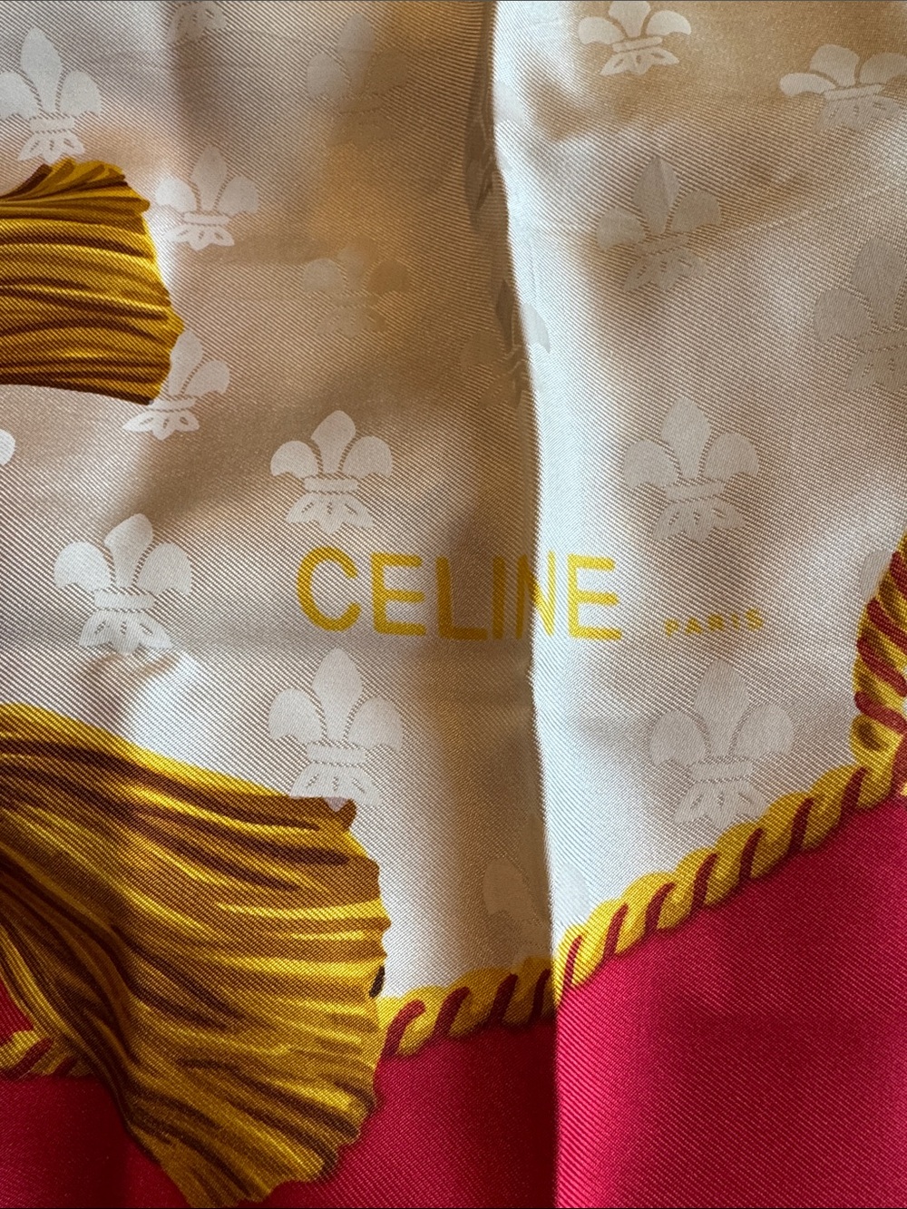 Celine Red, White and Mustard Gold Print Silk Scarf - Picture 5 of 6